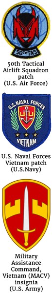 Coombination of the 50th Tactical Airlift Squadron patch, the U.S. Naval Forces Vietnam patch and the Military Assistance Command, Vietnam (MACV) insignia  